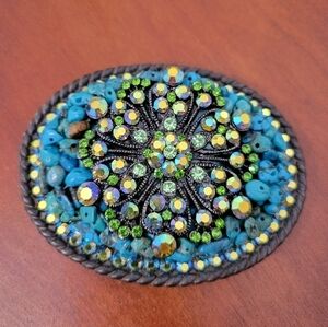 Whimsical Originals Rhinestone and Turquoise Belt Buckle Artisan Made